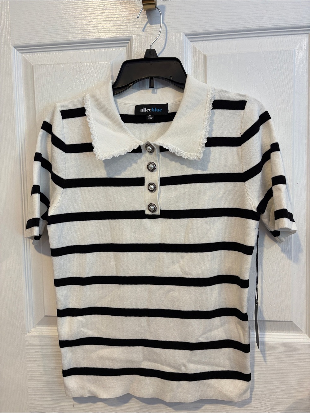 BNWT Alice Blue White & Black Striped Scalloped Collar Polo Tee Women's Size XL